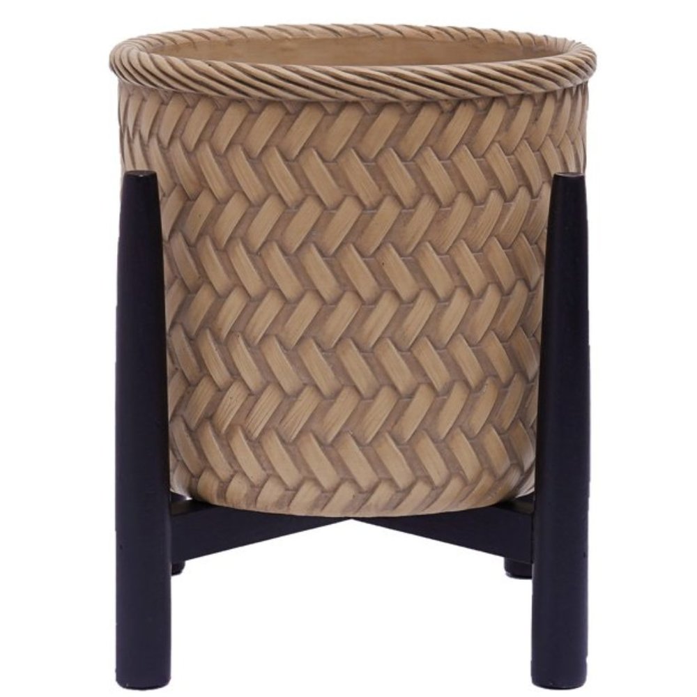 Better Homes & Gardens Painted Round Ceramic and Wood Planter & Stand Set